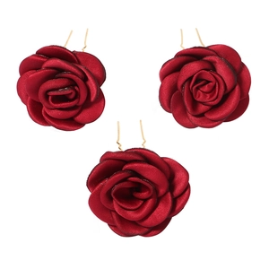 Lot de trois épingles à cheveux de mariée avec roses rouges et pinces en U dorées