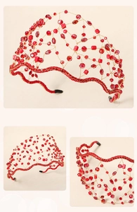 Detailed macro view of handmade red crystal beads on golden mesh vintage crown headband