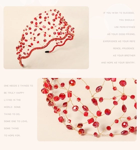Macro detail of handmade red crystal beaded mesh headband with intricate wire weaving