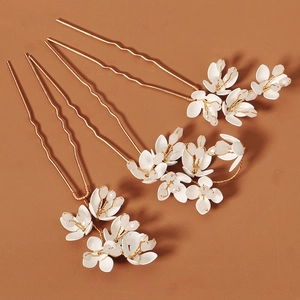 Vintage Handgefertigte Weiße Blumen Haarnadeln Braut Hochzeit Gold Kupfer Legierung Strass Künstliche Perlen Haarstäbe Damen Schmuck