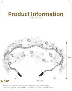 Detail view of crystal acrylic flower headband with dimensions 13.5cm width and 7cm height