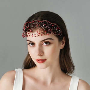 Vintage Handmade Beaded Mesh Tiara Headband For Women Rhinestone Crystal Flower Hair Band Wedding Party Bridal Accessories