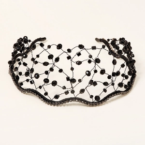 Vintage ethnic style beaded crown headband with black crystals and sparkling rhinestones