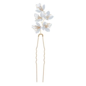 Eleganter goldener U-Haarnadel mit fünf hellblauen Blumen und weißen Perlenstempeln