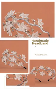 Detail view of handmade bridal headband with frosted white petals and clear crystal beads