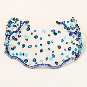 Handmade beaded ethnic crown headband with blue crystals and vintage mesh mesh design