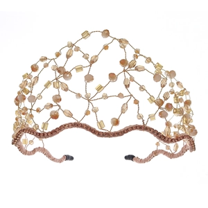 Vintage handmade beaded crystal crown headband with champagne gold stones and mesh design
