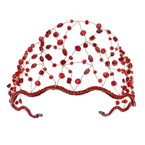 Handmade red beaded crown headband with gold wire crystals and sparkling rhinestones
