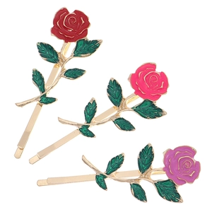 Dreiteiliges Set Rosen-Haarspangen in Rot, Rosa und Lila mit goldener Legierung