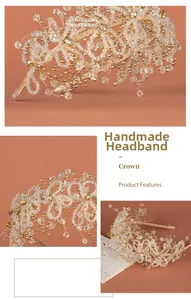 Detailed close-up of handmade bridal headband with gold wires and clear crystal beads
