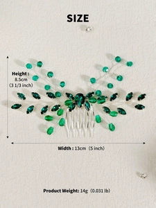 Detailed size specifications of the handmade bridal hair comb with green crystals