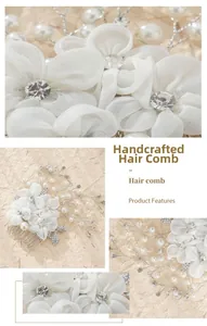 Detailed views of handcrafted bridal hair comb with mesh flowers and pearl accents
