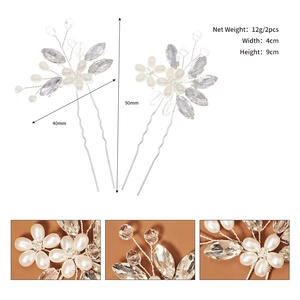 Handmade bridal hair pins with pearls and crystals in flower and leaf design, 2-piece set
