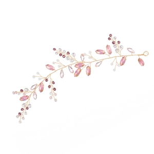 Handgefertigte Braut-Haarranke mit rosa Kristallen und Golddraht für Hochzeiten