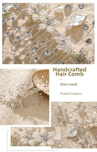 Détail du peigne à cheveux de mariée avec feuilles d'argent, perles et strass sur pierre