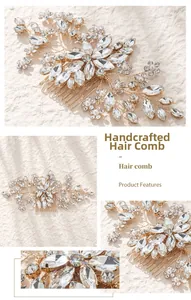 Details des Braut-Haarkamms mit goldener Legierung, Strasssteinen und Perlenbesatz