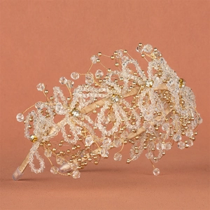 Exquisite bridal headband with handmade gold wire crystal beads for wedding photography