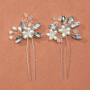Handmade Artificial Pearl Rhinestone Flower U-Shaped Hair Pins Silver Crystal Bridal Wedding Hair Sticks For Women Hair Accessories