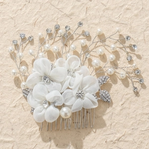 Elegant bridal hair comb with fabric flowers, faux pearls and sparkling rhinestones