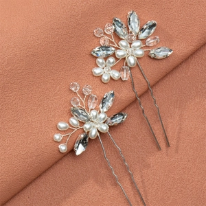 Pair of elegant bridal U-shaped hair pins with crystals and white faux pearls