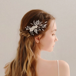 Handmade Soft Pottery Flower Bridal Hair Clip With Imitation Artificial Pearl Rhinestone Silver Alloy Branch Wedding Hair Accessory