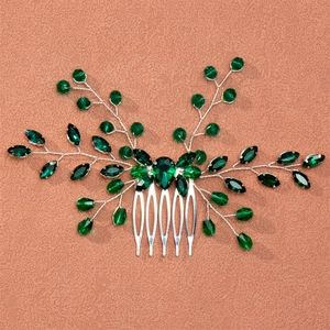 Handmade Emerald Green Rhinestone Leaf Hair Comb Vintage Bridal Headpiece For Wedding Party Women Accessories Alloy Gold Silver