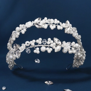Silver Bridal Hair Vine Handmade White Flower Artificial Pearl Rhinestone Headband Elegant Wedding Party Hair Accessories For Women