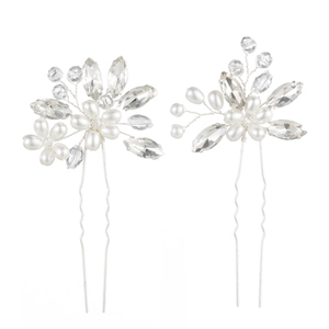 Set of 2 handmade crystal flower hair pins with pearls and silver wire for wedding