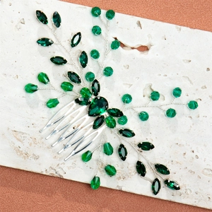 Handmade bridal hair comb with silver leaf vines and dark green crystal stones