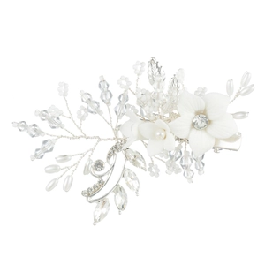 Elegant white clay flower hair clip with pearls and rhinestones for bridal styling