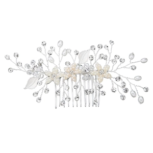 Peigne à cheveux de mariée argenté avec perles et cristaux, design floral
