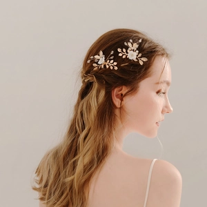 Vintage U-Förmiger Haarstab Gold Legierung Blatt Keramik Blume Künstliche Perlenimitat Strass Braut Haarnadel Für Hochzeit Party Damen