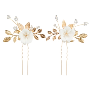 Elegantes Paar goldene U-förmige Haarnadeln mit weißen Keramikblumen und Perlen