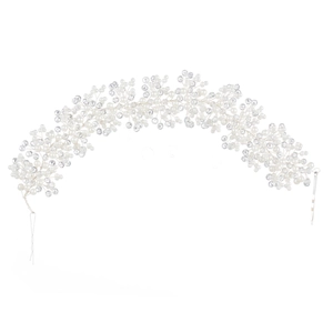 Handmade bridal headband with white pearls and sparkling crystals for wedding hairstyles