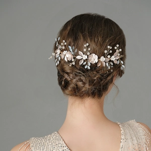 Vintage Handgefertigte Blumen Braut Haarkamm Elegant Gold Blatt Künstliche Perlenimitat Kristall Hochzeit Kopfschmuck Damen Schmuck