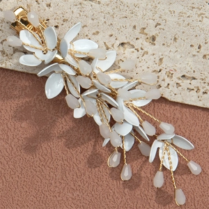 Exquisite floral hair clip with white enamel leaves and pink crystal beads on gold wire