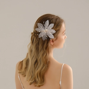 Elegant large white mesh flower hair clip with pearls for wedding bridal hair styling