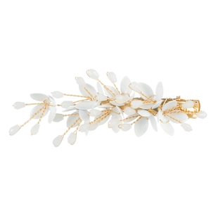Handmade ceramic leaf hair clip with crystal beads on a golden wire base