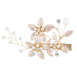 Elegant gold flower hair clip with white pearls and rhinestones for bridal styling