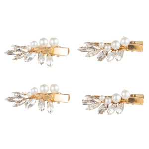 Lot de quatre pinces à cheveux dorées avec perles blanches et strass en cristal brillant