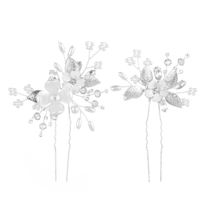 Elegant bridal hair pins set with handmade pearls, crystal beads, and white flowers