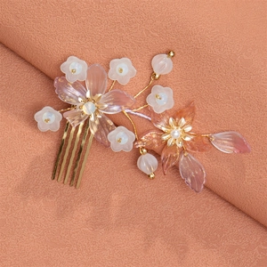 Antique Chinese Style Resin Floral Hair Comb Bridal Wedding Artificial Pearl Hairpin Golden Alloy Headpiece Elegant Hair Accessories