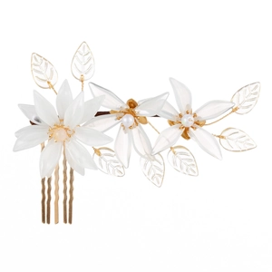 Retro bridal hair comb with 3D acrylic white flowers and golden leaf accents