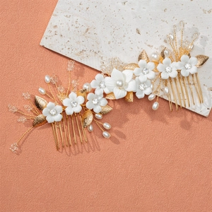 Handmade Bridal Hair Comb Ceramic Flower Gold Silver Leaf Artificial Pearl Rhinestone Wedding Headpiece Vintage Chinese Hair Accessory For Women