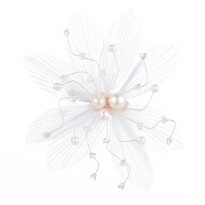 Elegant white mesh tulle flower hair clip with pearls and crystals for wedding photography