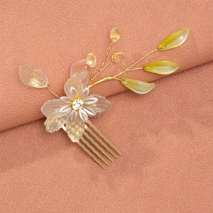 Handmade Flower Leaf Hair Comb Vintage Resin Rhinestone Faux Artificial Pearl Wedding Bridal Headpiece Hanfu Jewelry Hair Accessory