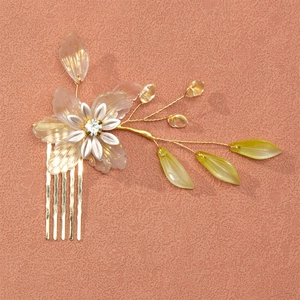 Exquisite Hanfu floral hair comb with pink petals, golden leaves and crystal center