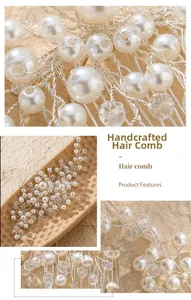 Vue macro d'un peigne à cheveux de mariée avec perles faites main et tissage argenté