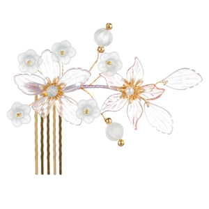 Elegant vintage hair comb with purple resin flowers, pearls and gold-tone metal teeth