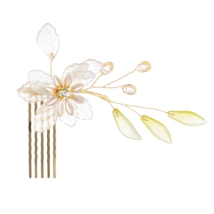 Traditional gold hair comb with translucent frosted flower petals and pearl accents